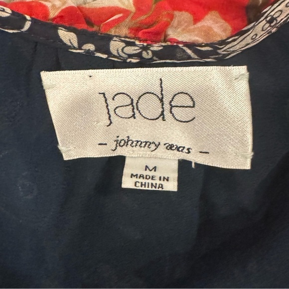 Johnny Was Jade Susila Silk Dress Red Pom Trim Blue White Print Size Medium NWOT - Picture 5 of 9